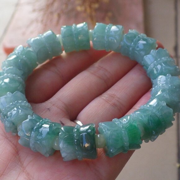 Certified Green 100% Natural A JADE Jadeite Beads Bangle Flower Bracelet 433889 - Picture 4 of 7